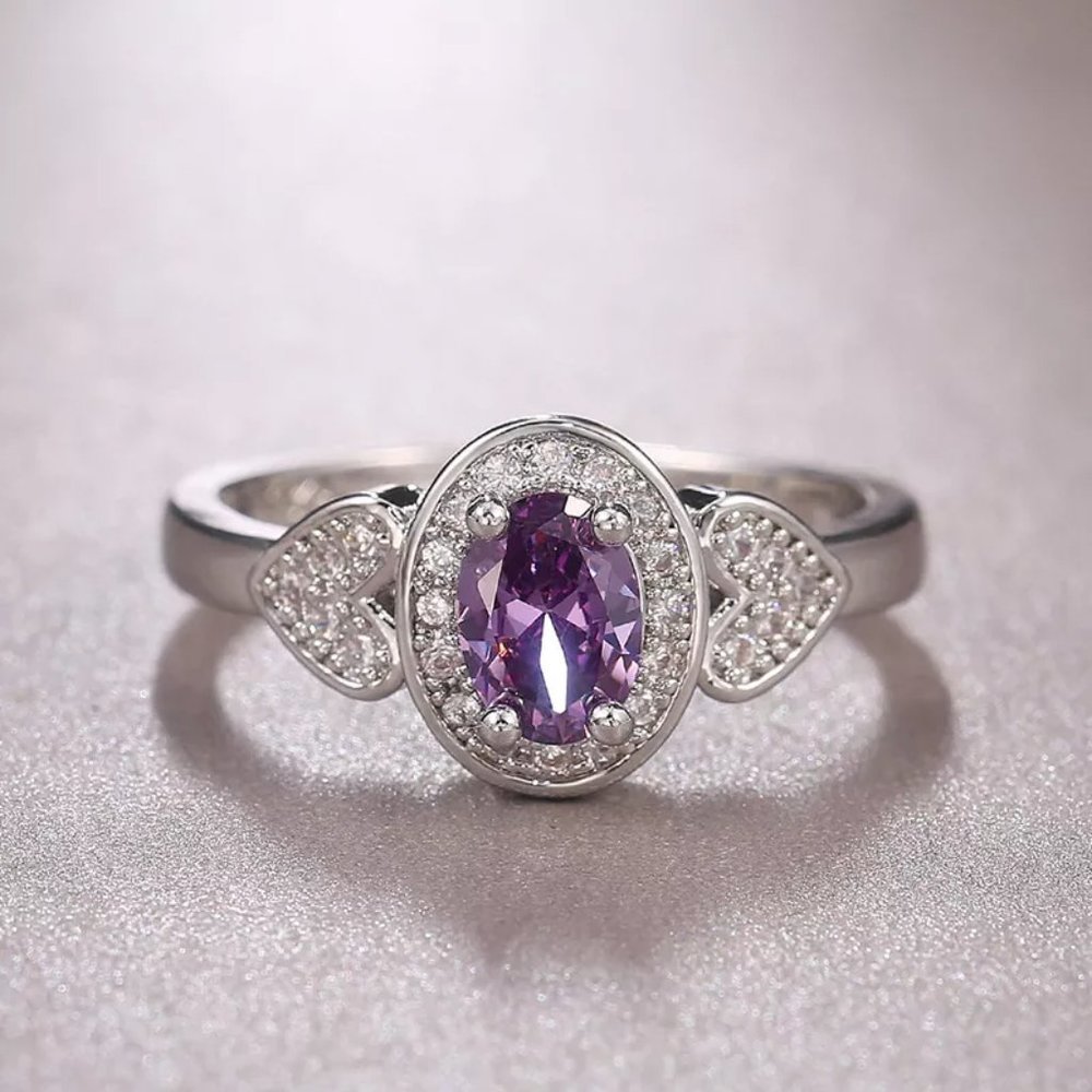 🦋    925 Silver Plated Purple Oval Cut CZ Birthstone Ring, FB16FA1135